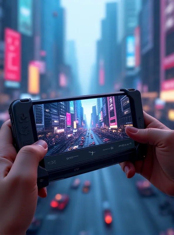 A futuristic, foldable gaming handheld device with a large, vibrant screen. The device is shown in a partially folded position, revealing gaming controls on either side. The background is a blurred, futuristic cityscape.