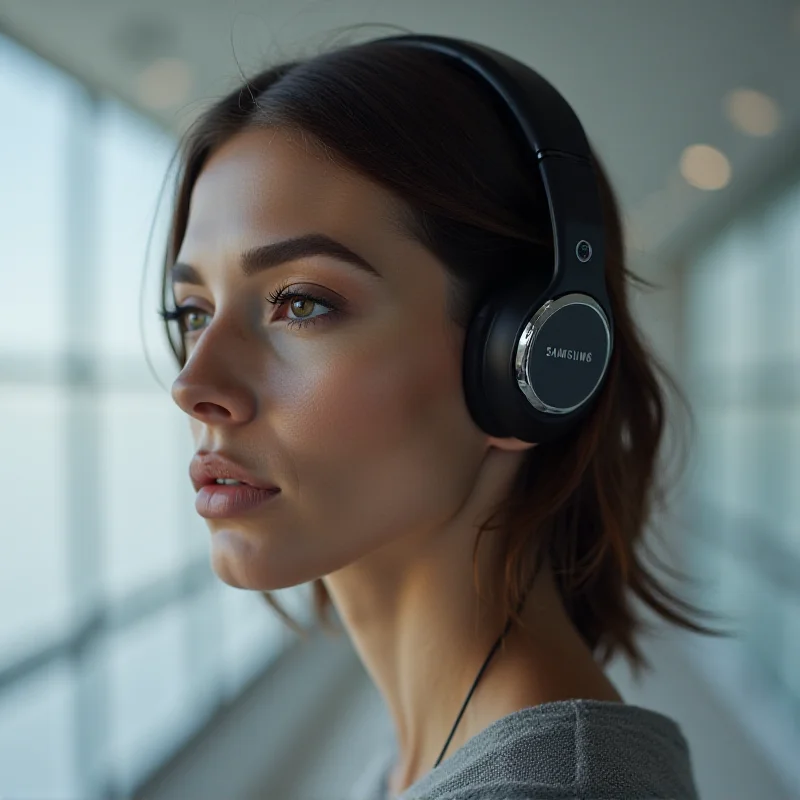 A person wearing a sleek, modern headset with the Samsung logo subtly displayed. The headset appears lightweight and comfortable, with advanced audio technology evident in its design. The background is a minimalist, tech-focused environment.