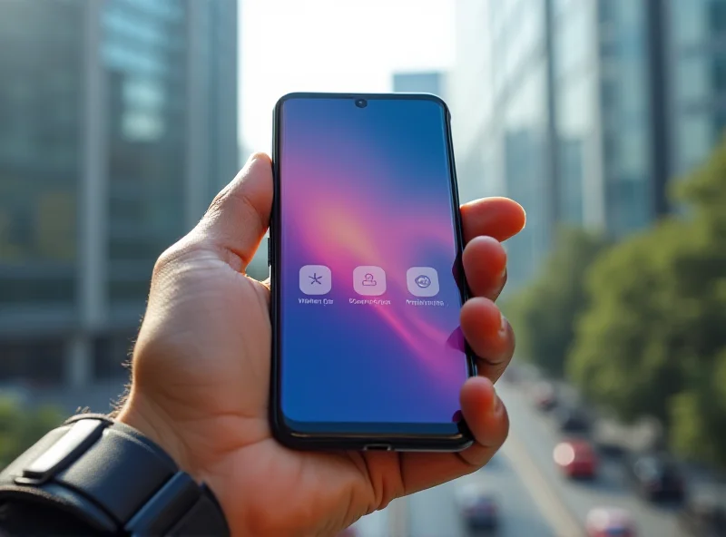 A person holding a Samsung Galaxy F06 5G smartphone in their hand, showcasing its sleek design. The background shows a modern cityscape in India.