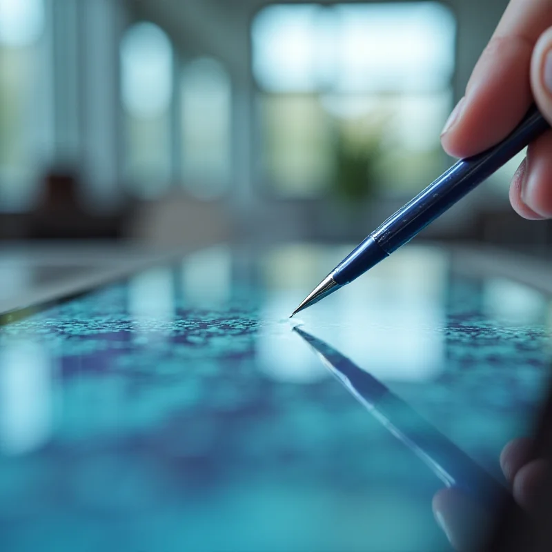 A close-up shot of a hand holding a Samsung S Pen, hovering just above the screen of a Samsung Galaxy S25 Ultra. The screen is displaying a complex graphic design. Focus on the precision and potential of the S Pen, despite the rumored lack of Bluetooth connectivity.