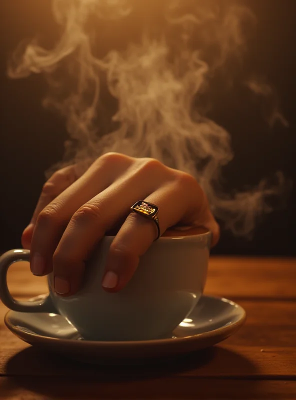 Close-up of a Samsung Galaxy Smart Ring on a person's finger, with steam rising from a coffee cup in the background.