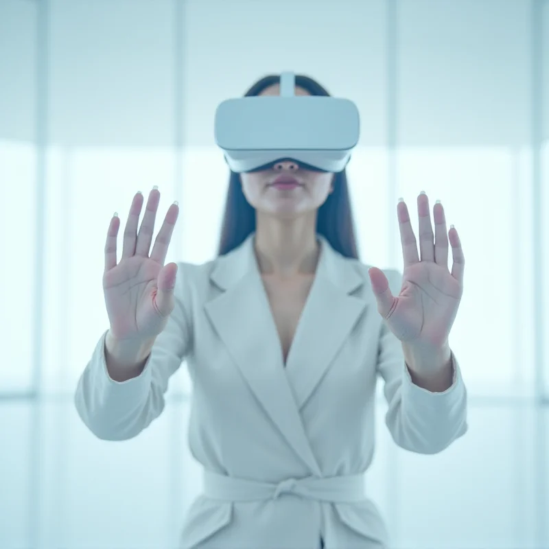 A person wearing a sleek Samsung extended reality headset, interacting with a virtual environment.