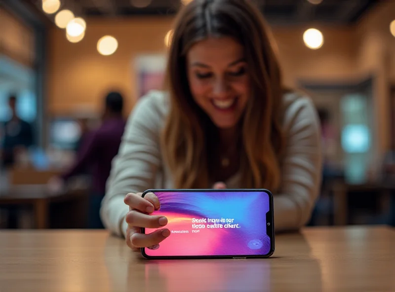 A person happily looking at a Samsung Galaxy S25+ smartphone on a brightly lit table during the Samsung Discover Spring Sale.