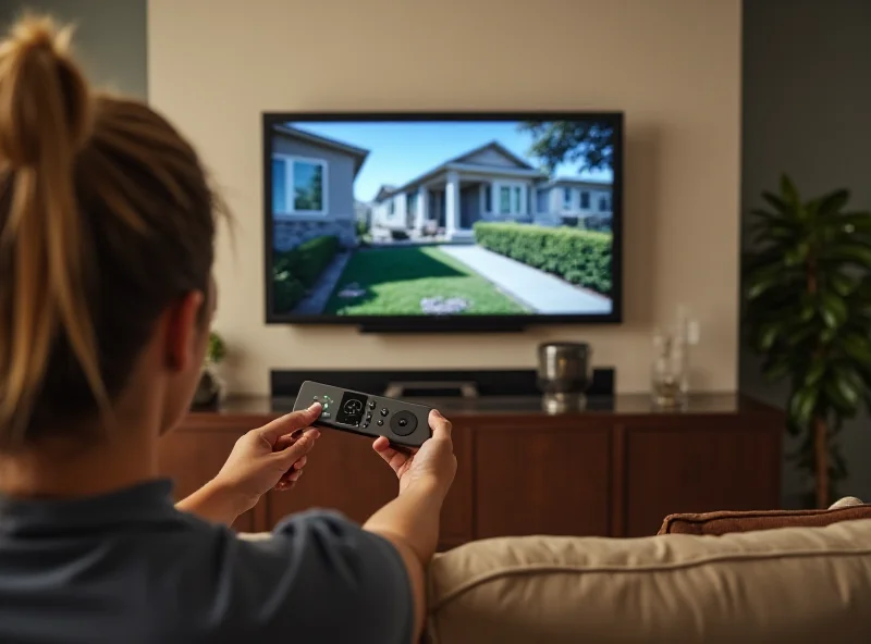 A person sitting on a couch, using an Apple TV remote to view live security camera footage from their Abode home security system on a large screen television.