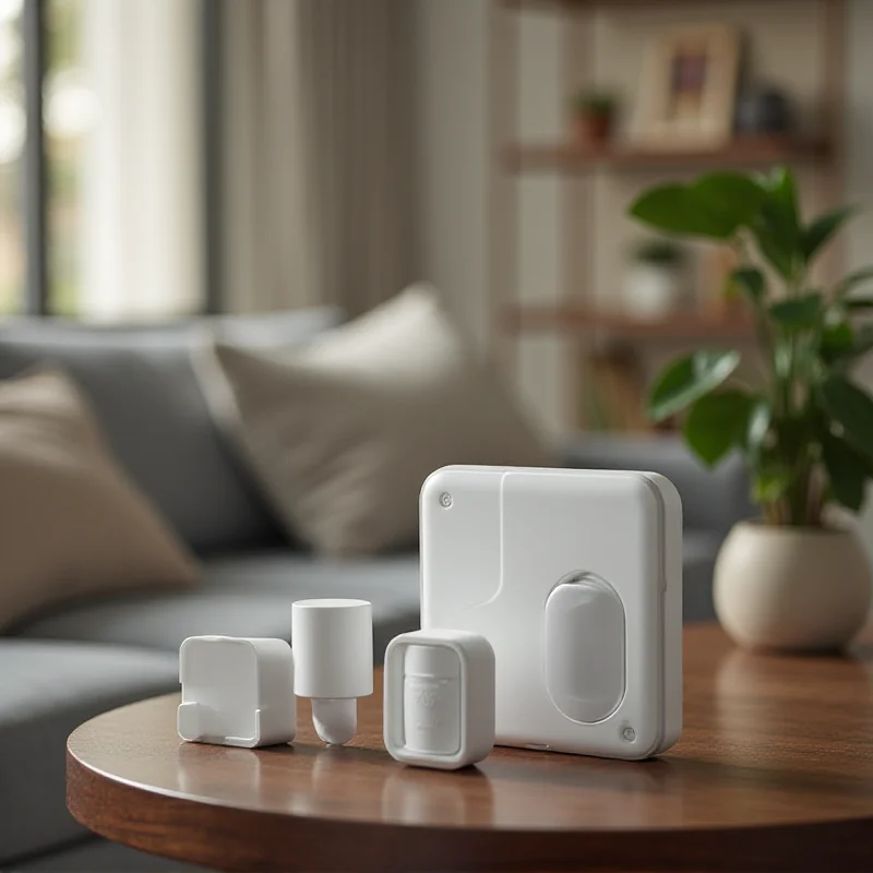 A close-up shot of an Abode Iota All-in-One Security Kit, showcasing its sleek design and various sensors and components, with a blurred background representing a modern living room.