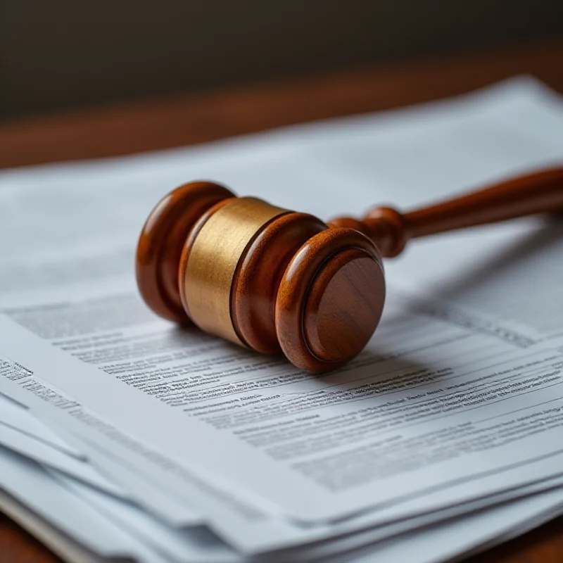 A gavel resting on a stack of legal documents