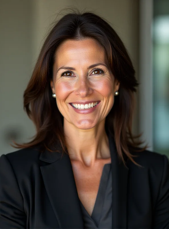 Close-up portrait of Ana Botín, President of Santander, smiling confidently.