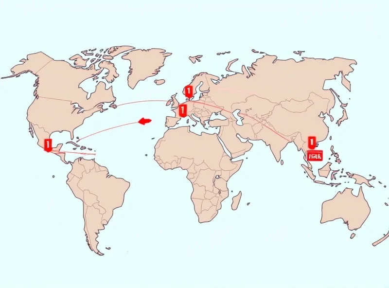 A stylized graphic depicting a world map with tariff symbols and arrows indicating trade flows and disruptions.