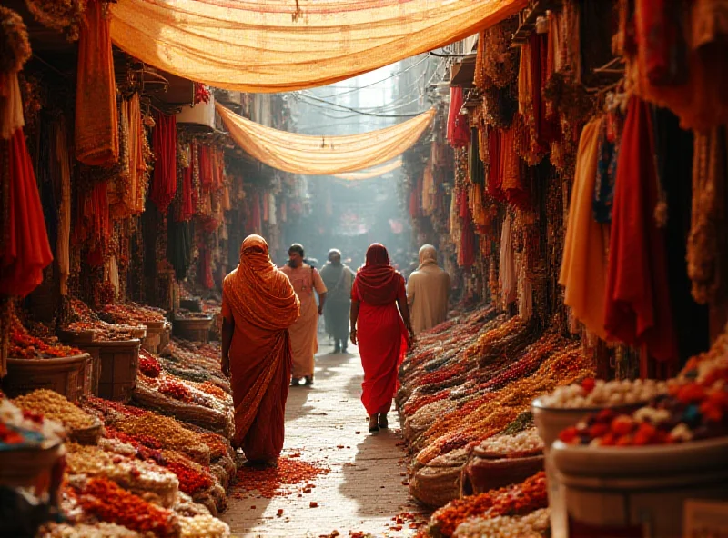 A bustling Indian marketplace filled with textiles, spices, and agricultural products, representing potential export opportunities.