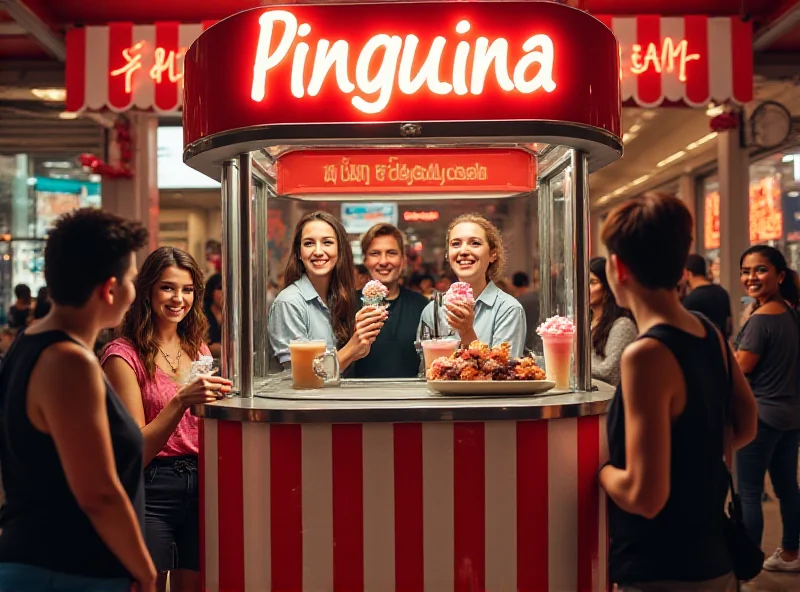 A colorful ice cream cart with the Pinguina logo, surrounded by people enjoying ice cream.