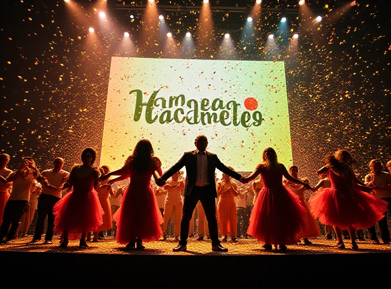 A stage with a banner celebrating Milton Nascimento and Portela, with people dancing and celebrating.