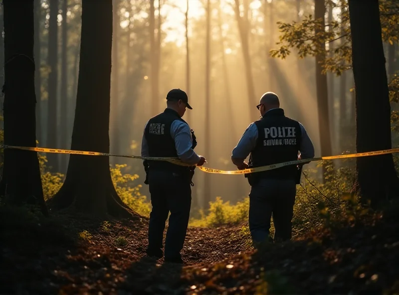 Police officers at a crime scene in a wooded area, with forensic investigators examining evidence.