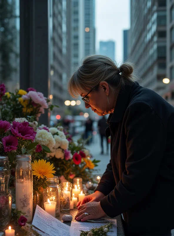 A grieving woman laying flowers at a makeshift memorial in front of an apartment building in downtown São Paulo.