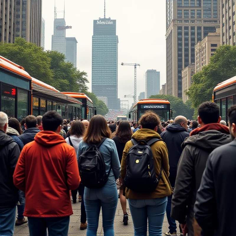 A crowded bus stop in São Paulo during rush hour, with people waiting to board buses and taxis.