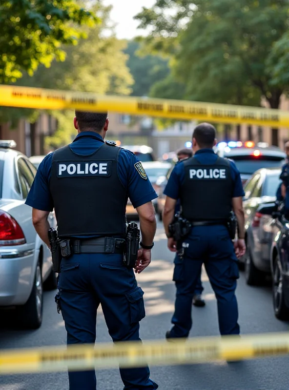 Police officers in vests standing near police cars, with caution tape in the background.