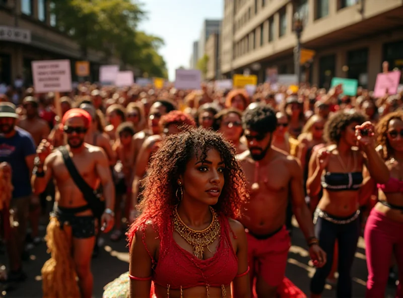 Crowd at a Carnival parade with some protestors holding signs.