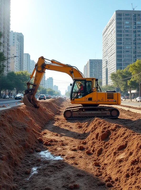 An excavator digging at a construction site with a cityscape in the background.