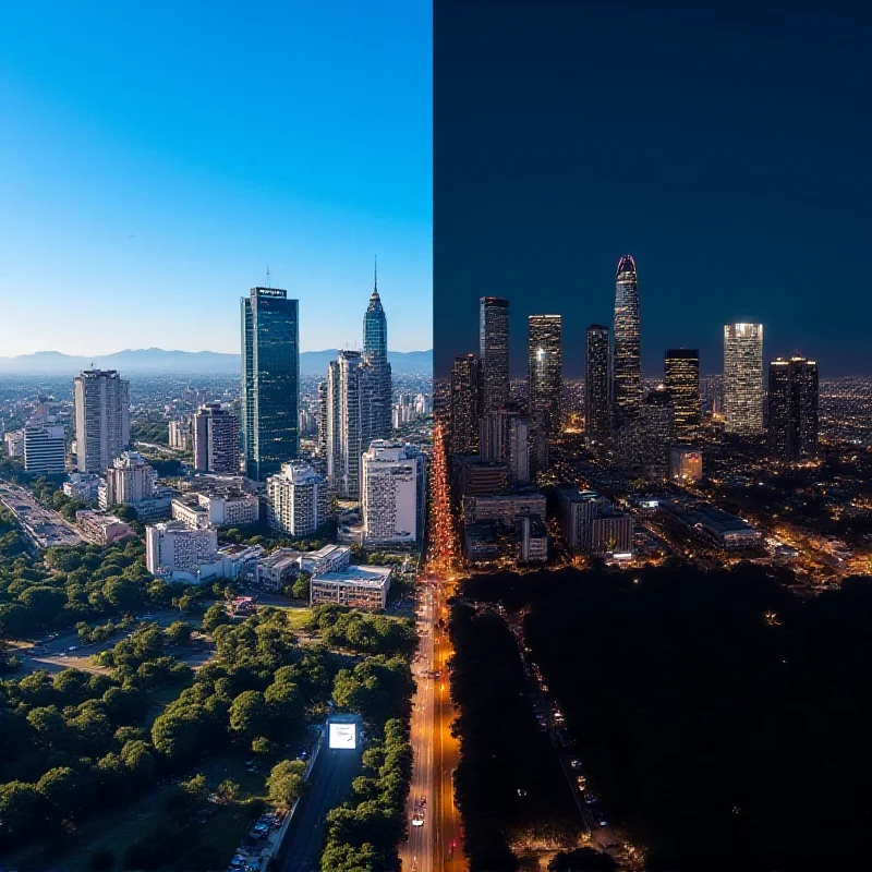 A split image showing the Sao Paulo skyline during the day and the Sao Paulo skyline at night.