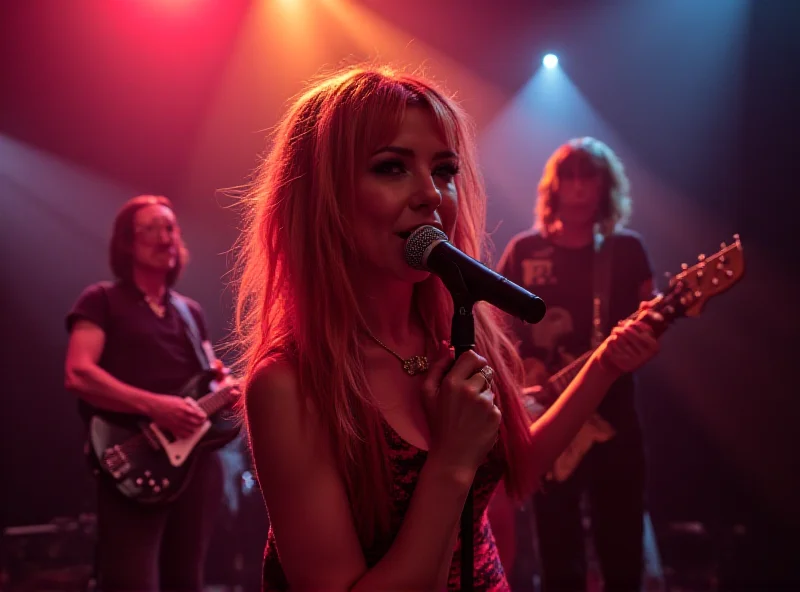 Amyl and the Sniffers performing live on stage, Amy Taylor singing into a microphone with energy.