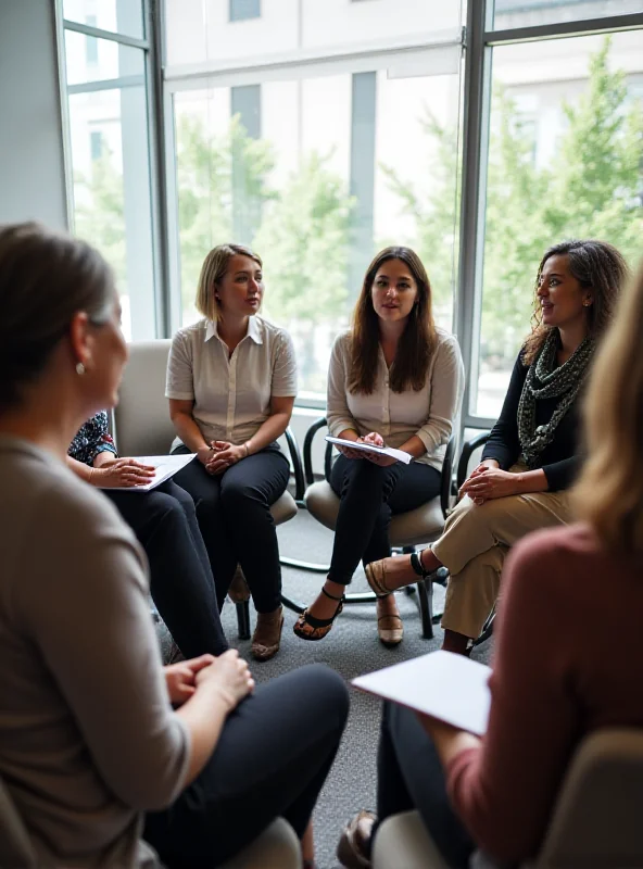 A group of women engaged in a discussion circle, focusing on International Women's Day themes, in a bright and modern setting.