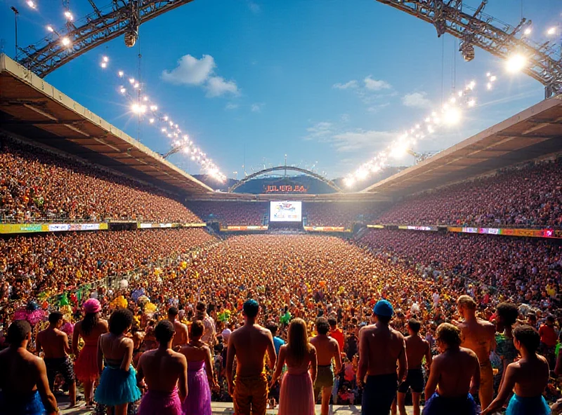 A vibrant scene of Carnival revelers in Rio de Janeiro's Sambadrome, with colorful costumes and energetic dancing.