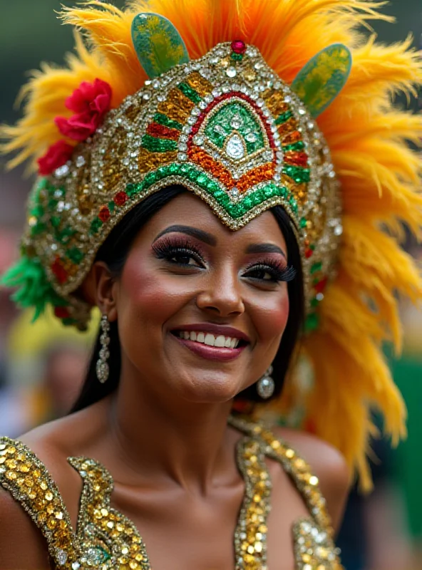 Close-up of a smiling dancer in elaborate Carnival costume in Rio de Janeiro, showing intricate details of the outfit.