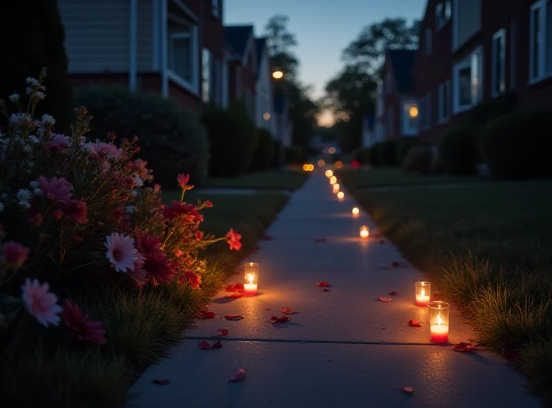 A solemn image depicting a memorial with flowers and candles on a sidewalk in a residential area, representing the tragic loss of a child in a car accident. The scene is set at dusk, with soft lighting emphasizing the somber mood.