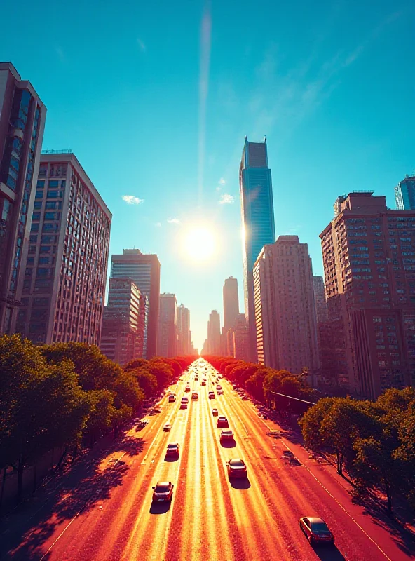 A vibrant image of São Paulo's skyline under a clear blue sky with a blazing sun overhead. The scene depicts a hot, sunny day in the city, with heat waves visually emanating from the buildings and streets.