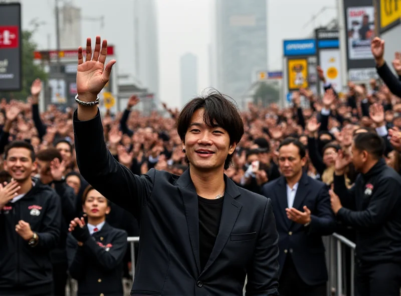 Lee Junho waving to a crowd in São Paulo, surrounded by security.