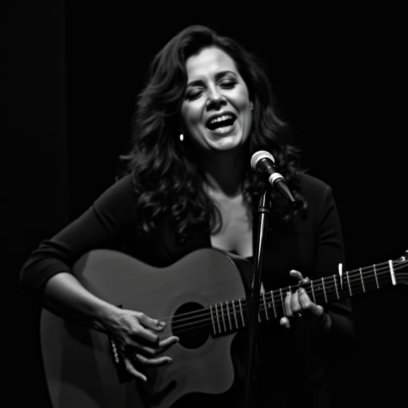 A black and white photo of Inezita Barroso singing and playing the guitar.