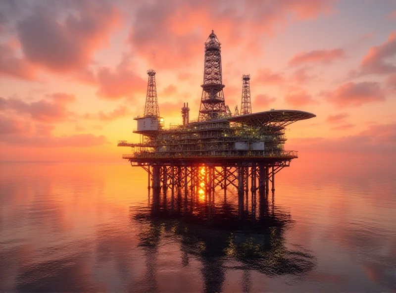 Oil and gas platform at sea, sunrise in the background