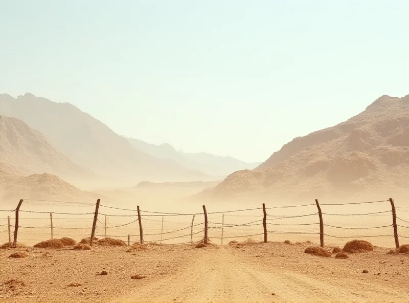 A desolate border landscape with a barbed wire fence and distant mountains.