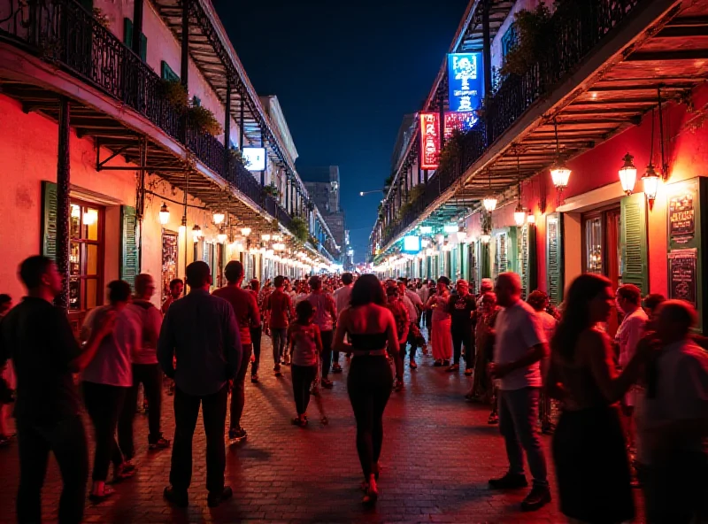 A crowded street scene in New Orleans, possibly Bourbon Street, with people enjoying the nightlife.
