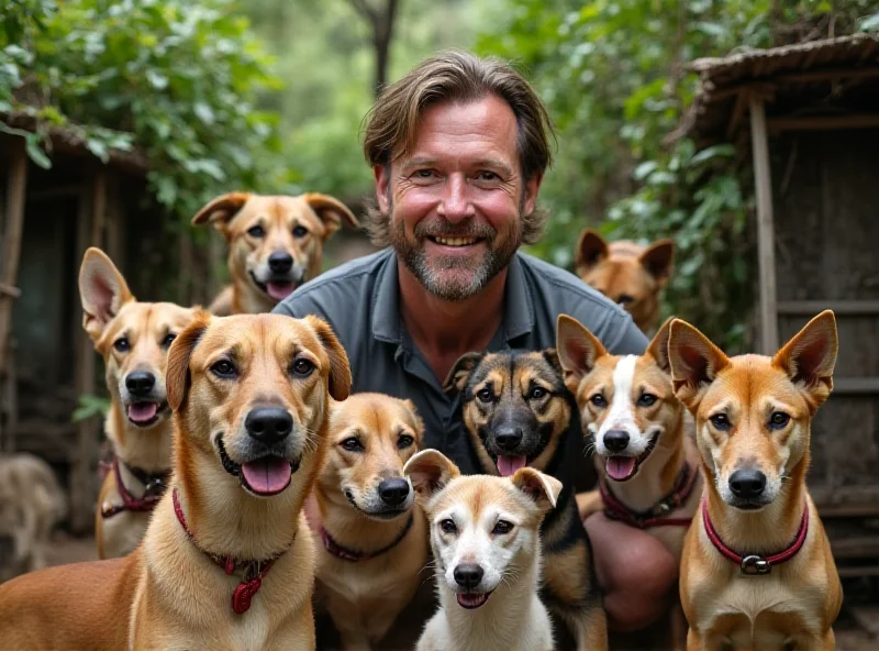 Niall Harbison surrounded by rescued dogs in Thailand.