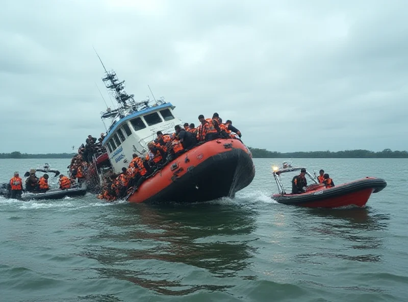 A catamaran sinking in a lake, with rescue boats nearby.