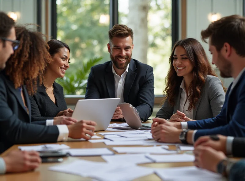 A diverse group of people collaborating around a table in a modern office. They are smiling and engaged in a discussion, with laptops and documents spread out. The atmosphere is positive and productive.