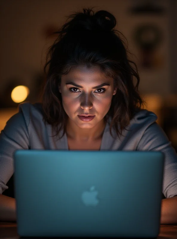 A person sitting at a desk, illuminated by the glow of a laptop screen. They are intently focused on the screen, with a determined expression. The background is a blurred home office setting.