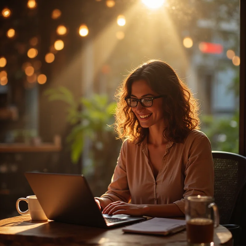 A person happily working on a laptop in a vibrant coffee shop. Sunlight streams through the window, illuminating the scene. The person is smiling and appears to be enjoying their work, with a coffee cup and notebook nearby.