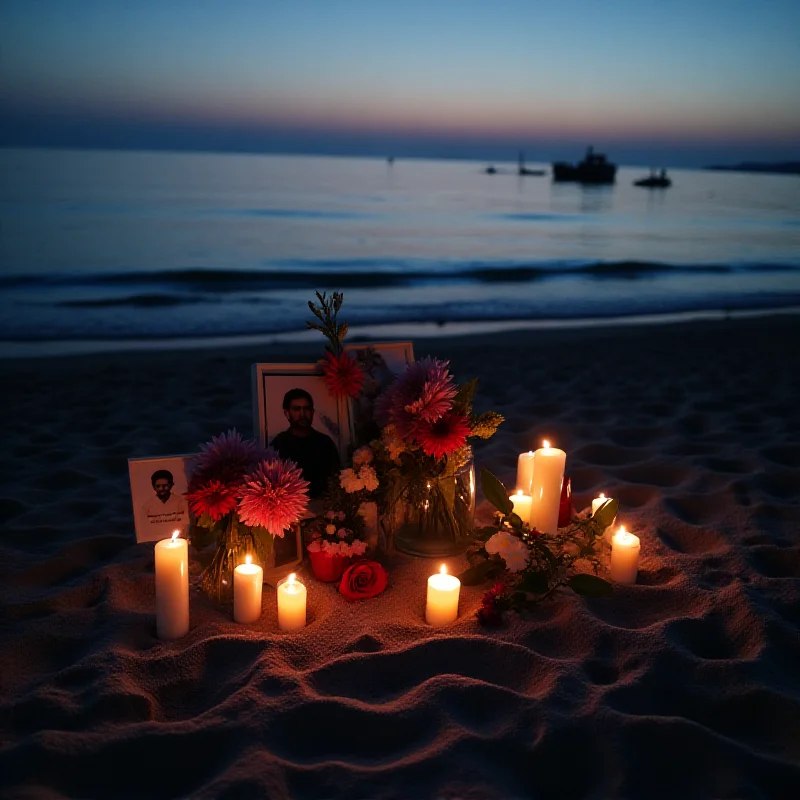 A memorial on a beach with flowers and candles.