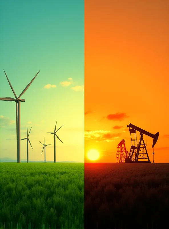 Digital illustration contrasting wind turbines and oil derricks, representing the shift in BP's investment strategy.