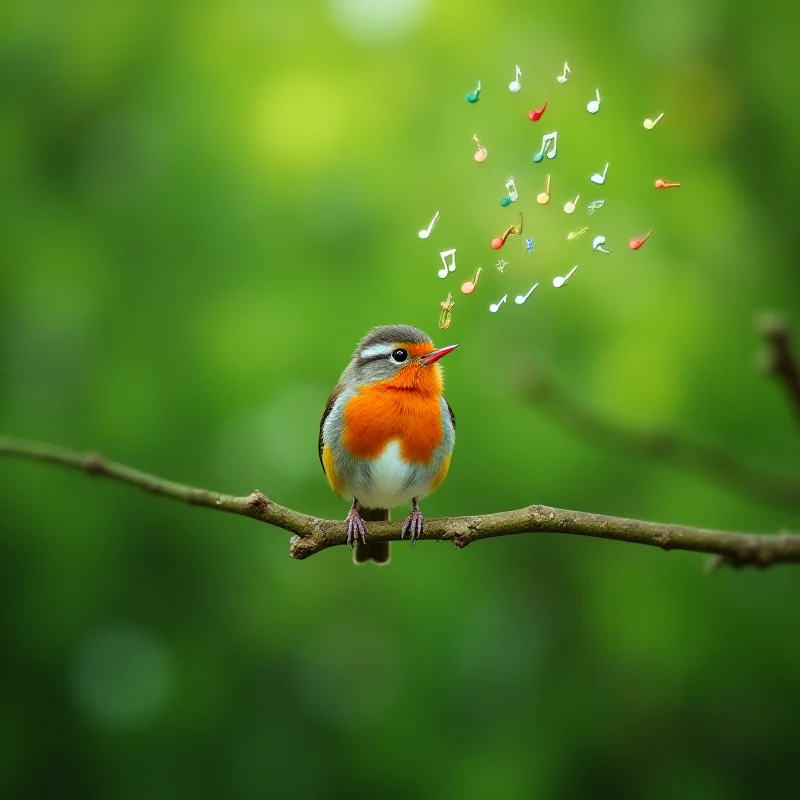 A great tit bird singing on a branch with musical notes floating around it.