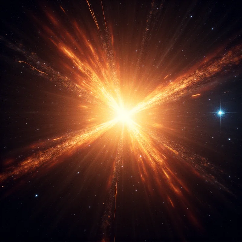 An artist's rendering of a quasar, showcasing a bright central core surrounded by swirling gas and dust, with jets of energy emanating from the poles.