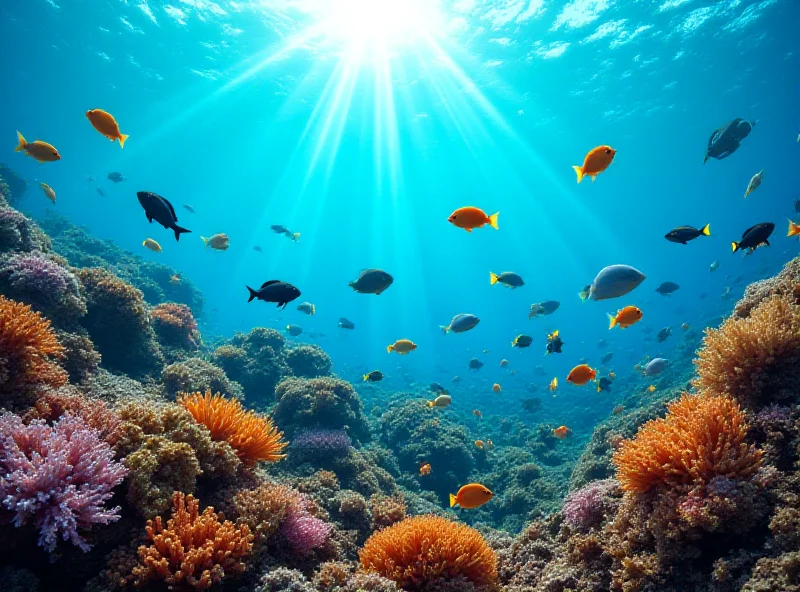 Underwater view of colorful coral reef with various species of fish swimming around.