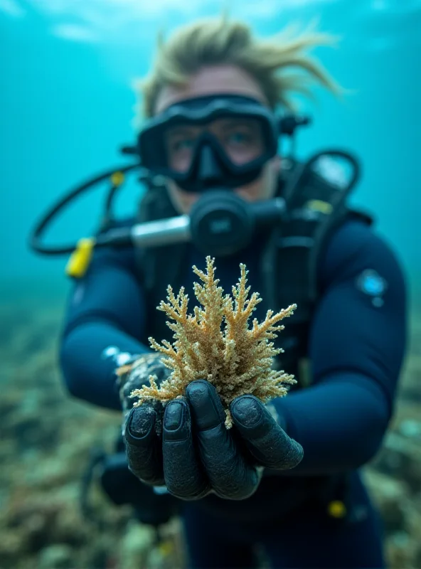 Close up of a scientist holding a delicate piece of black coral underwater, with scuba gear visible.