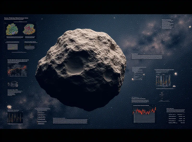 Illustration of an asteroid in space, with a focus on scientific analysis and interpretation.