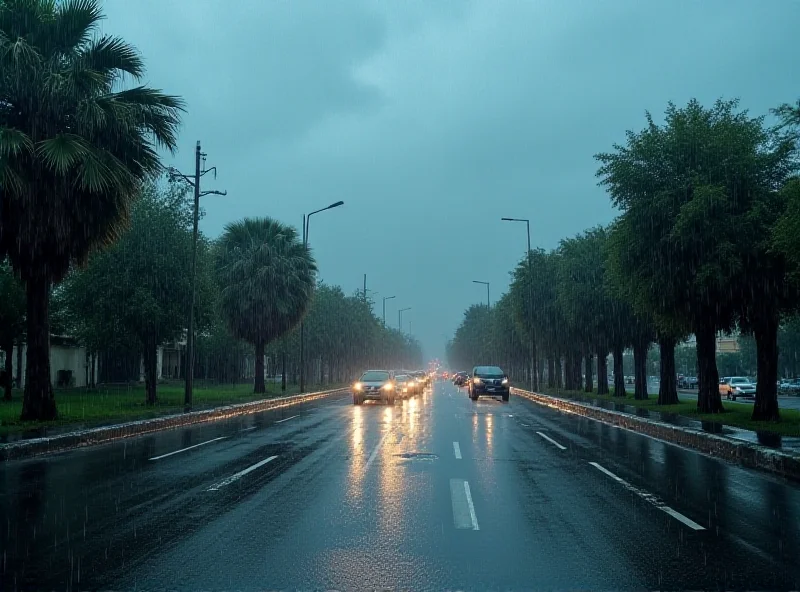 A panoramic view of Castellón, Spain, during a heavy rainstorm, showcasing the intensity of the rainfall and its impact on the landscape.