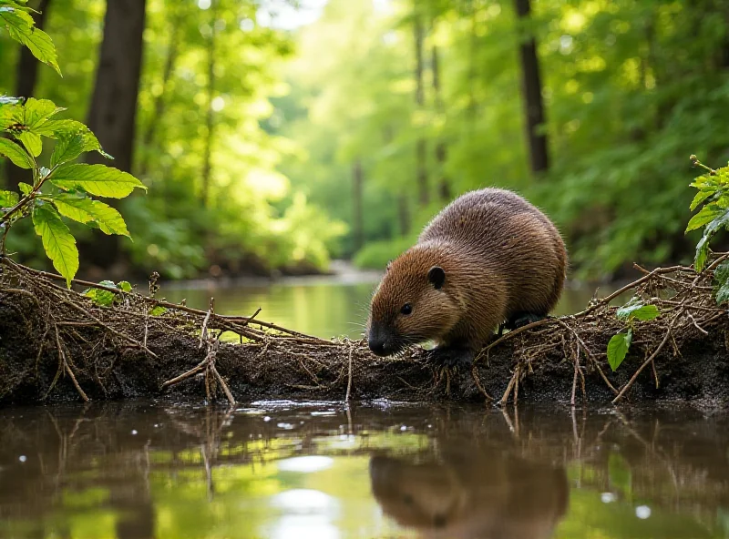 A beaver building a dam in a river, surrounded by lush greenery.