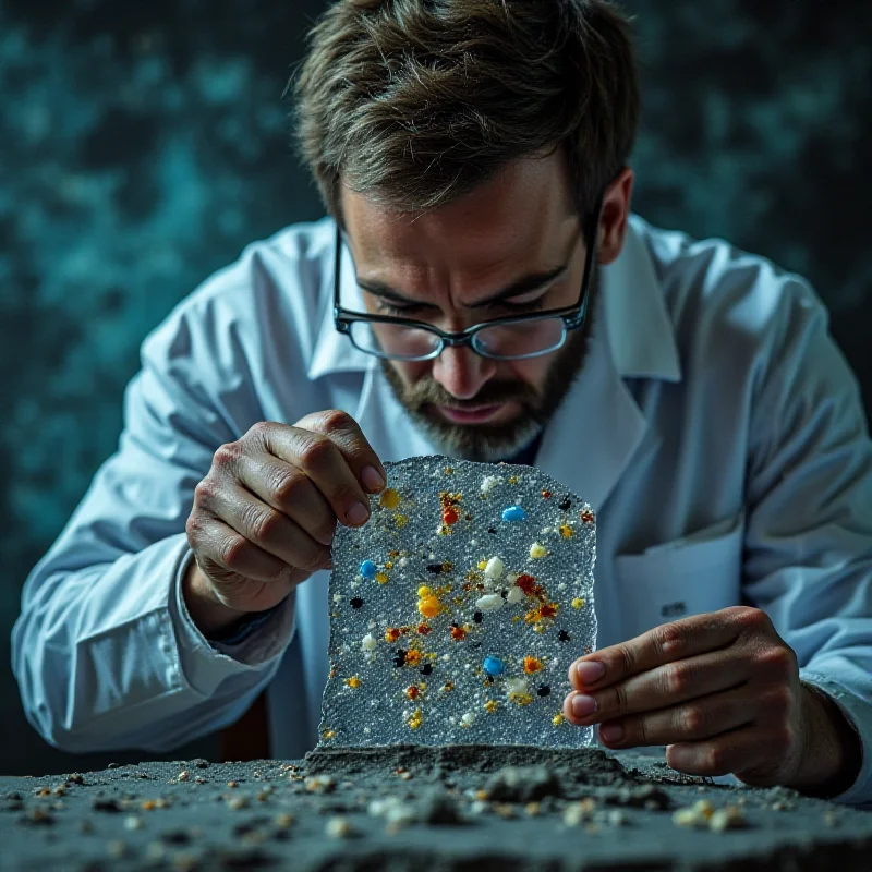 A scientist examining a sample of rock containing embedded plastic fragments, representing a technofossil.