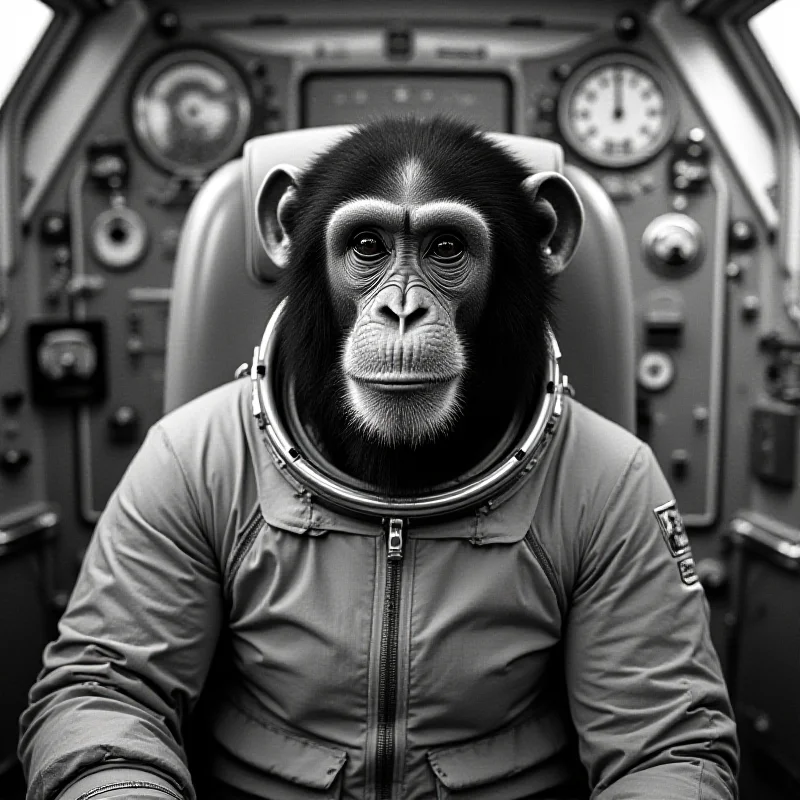 Black and white photo of the chimpanzee Ham in a space suit.