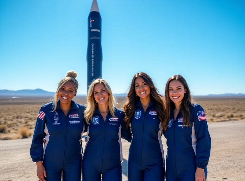 A group of diverse women astronauts standing in front of a Blue Origin rocket, smiling.